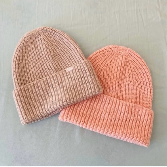 $76 NWT Madewell Alpaca-Blend Oatmeal & Peachy Pink Tall Cuff Beanie Hats x2 - Picture 1 of 12
